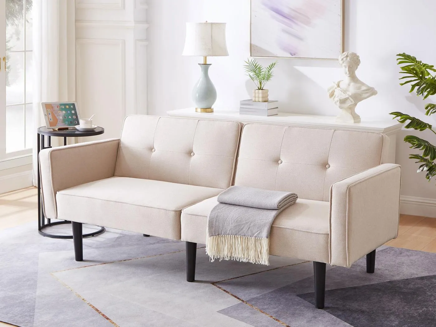 2-in-1-Sofa (176x76x74 cm) - Chaiselongue - Doppelt verstellbare Rückenlehne - Schlaffunktion - Baumwoll-Leinen-Stoff - Hochdichteschaum - Beige