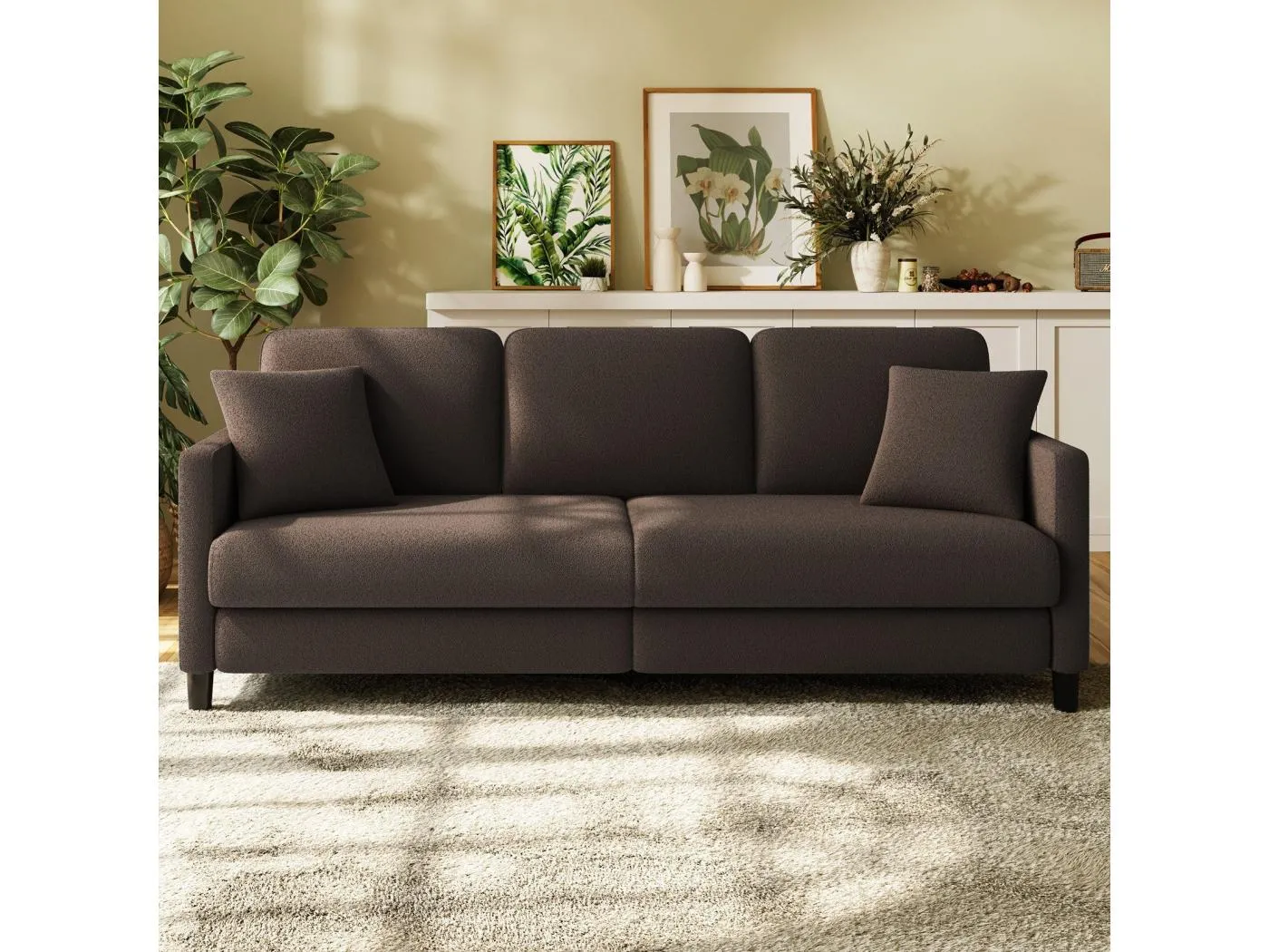 3 Sitzoter -Sofa in Teddy Samt, großer rechter Sofa Komfort in festem Holz, Liebessitz mit Armlehnen, 210 x 79 x 89 cm - Brown