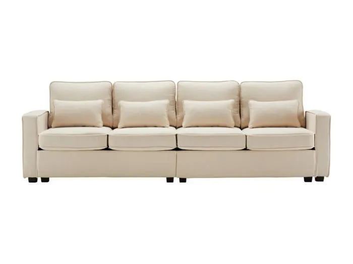 Gerades Sofa aus beigem Leinen - 4-sitzig - mit Armlehnen-Taschen und 4 Kissen - 264x83x87cm