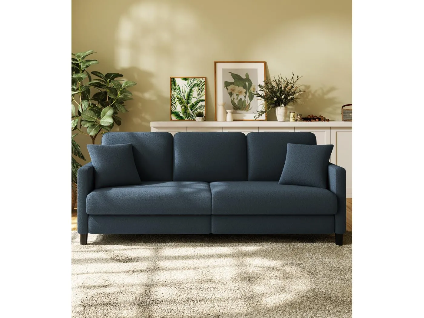 3-Sitzer-Sofa in Teddy Samt, großer rechter Sofa Komfort in festem Holz, Liebessitz mit Armlehnen, 210 x 79 x 89 cm, Blau-Grau