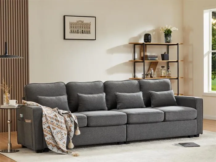 Festes 4-Sitzer-Sofa aus Leinenstoff – mit Taschen an den Seiten – Grau