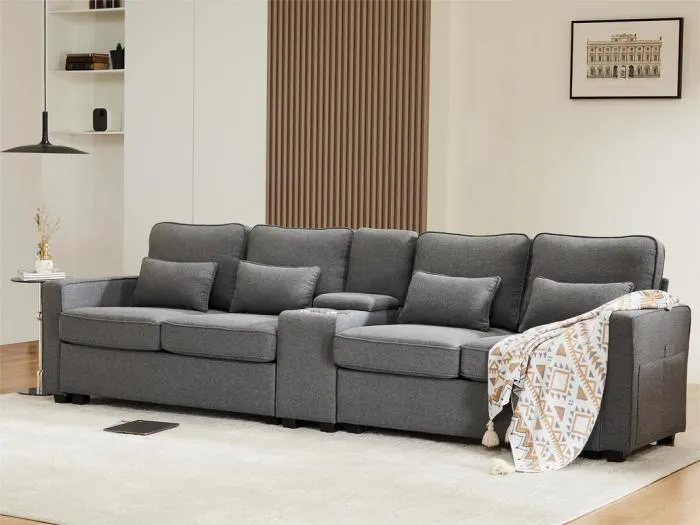 Modernes 4-Sitzer-Sofa aus Leinenstoff – mit USB-Anschlüssen und 2 Getränkehaltern – Grau