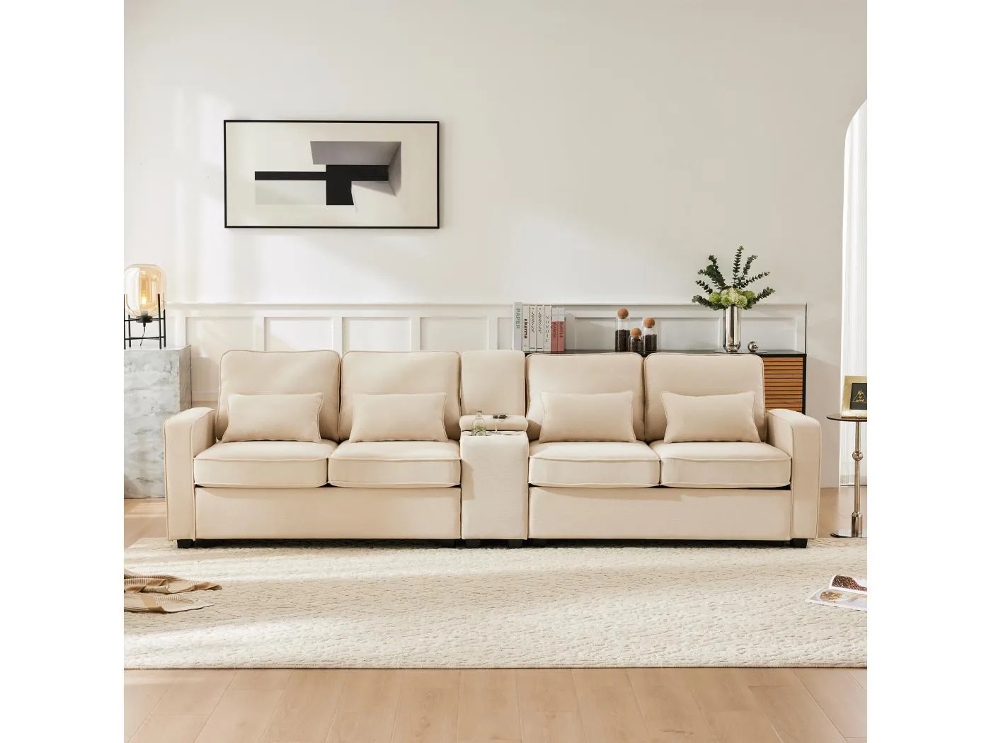 4-Sitzer-Sofa aus Leinenstoff mit Konsole, Becherhalter, USB-Anschluss, beige