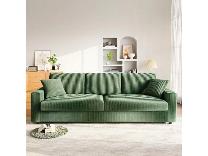 Großes Sofa in Rippvelours mit 2 Kissen - Grün - 256 x 89 x 88 cm