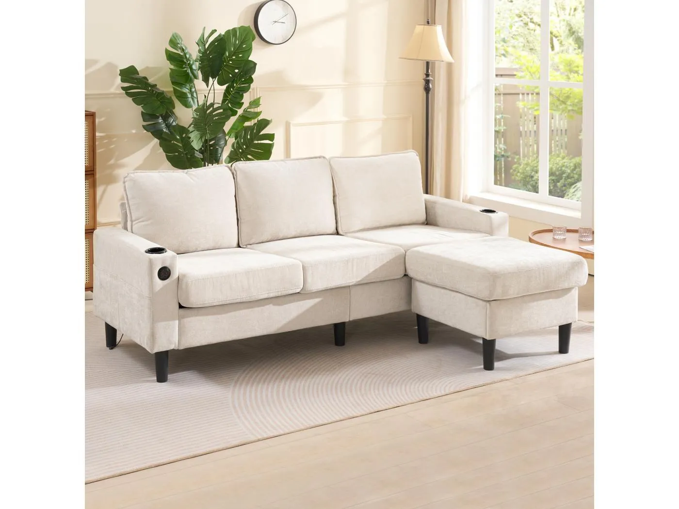 3-Sitzer L-förmiges Polstersofa - 202 x 137 x 80 cm - mit USB- und Typ-C-Anschlüssen + 2 Getränkehaltern - Leinen - Beige