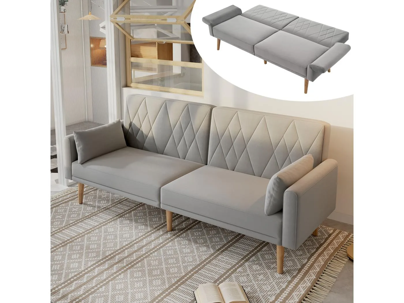 2-Sitzer-Sofa – 180 x 75 x 82 cm – Schlafsofa – verstellbare Rückenlehne – Samt – Grau