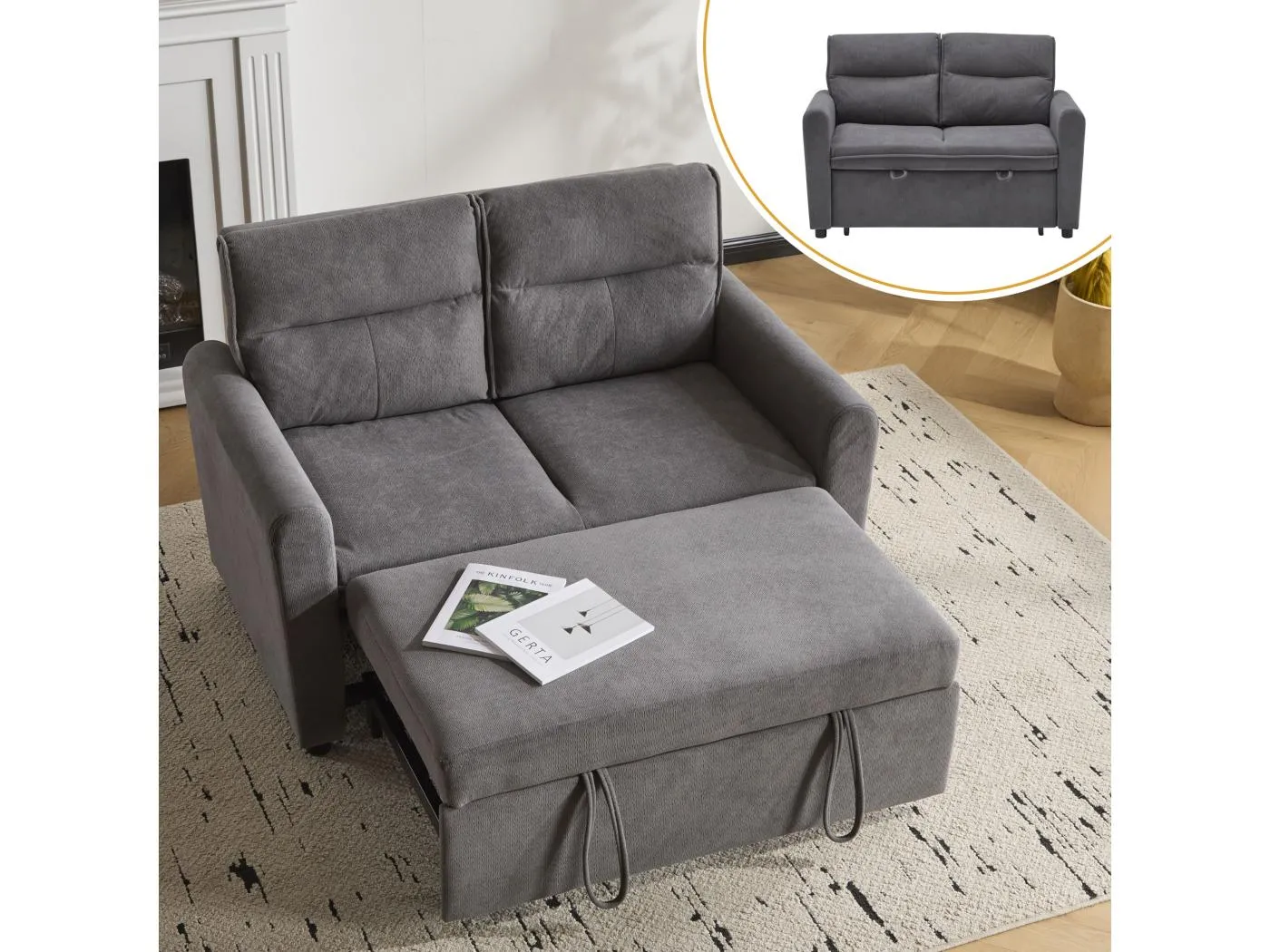 2-Sitzer-Sofa – 127 x 90 x 87 cm – Ausziehbares Schlafsofa + verstellbare Rückenlehne + Kissen – Samt – Grau