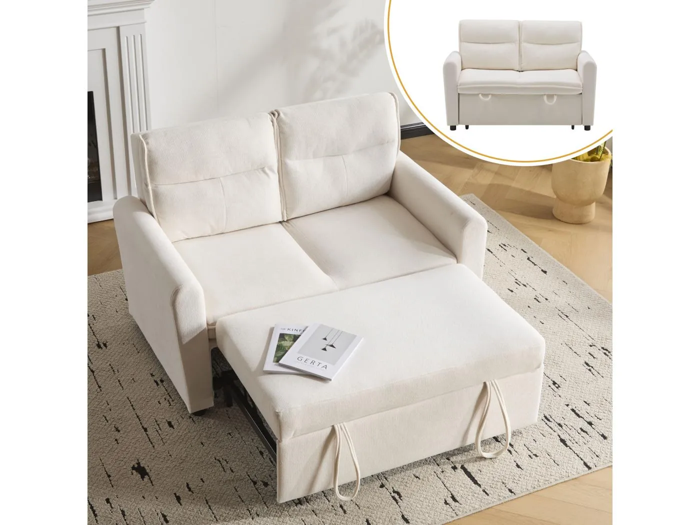 2-Sitzer-Sofa – 127 x 90 x 87 cm – Ausziehbares Schlafsofa + verstellbare Rückenlehne + Kissen – Samt – Beige