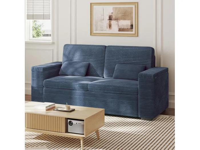 Gerades 2-Sitzer Sofa in Rippensamt Blau - mit Stauraum-Armlehnen - 180x74x84cm