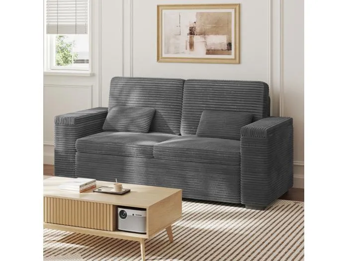 Gerades 2-Sitzer Sofa in Rippensamt Grau - mit Stauraum-Armlehnen - 180x74x84cm