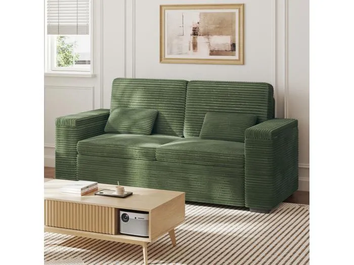 Gerades 2-Sitzer Sofa in Rippensamt Grün - mit Stauraum-Armlehnen - 180x74x84cm