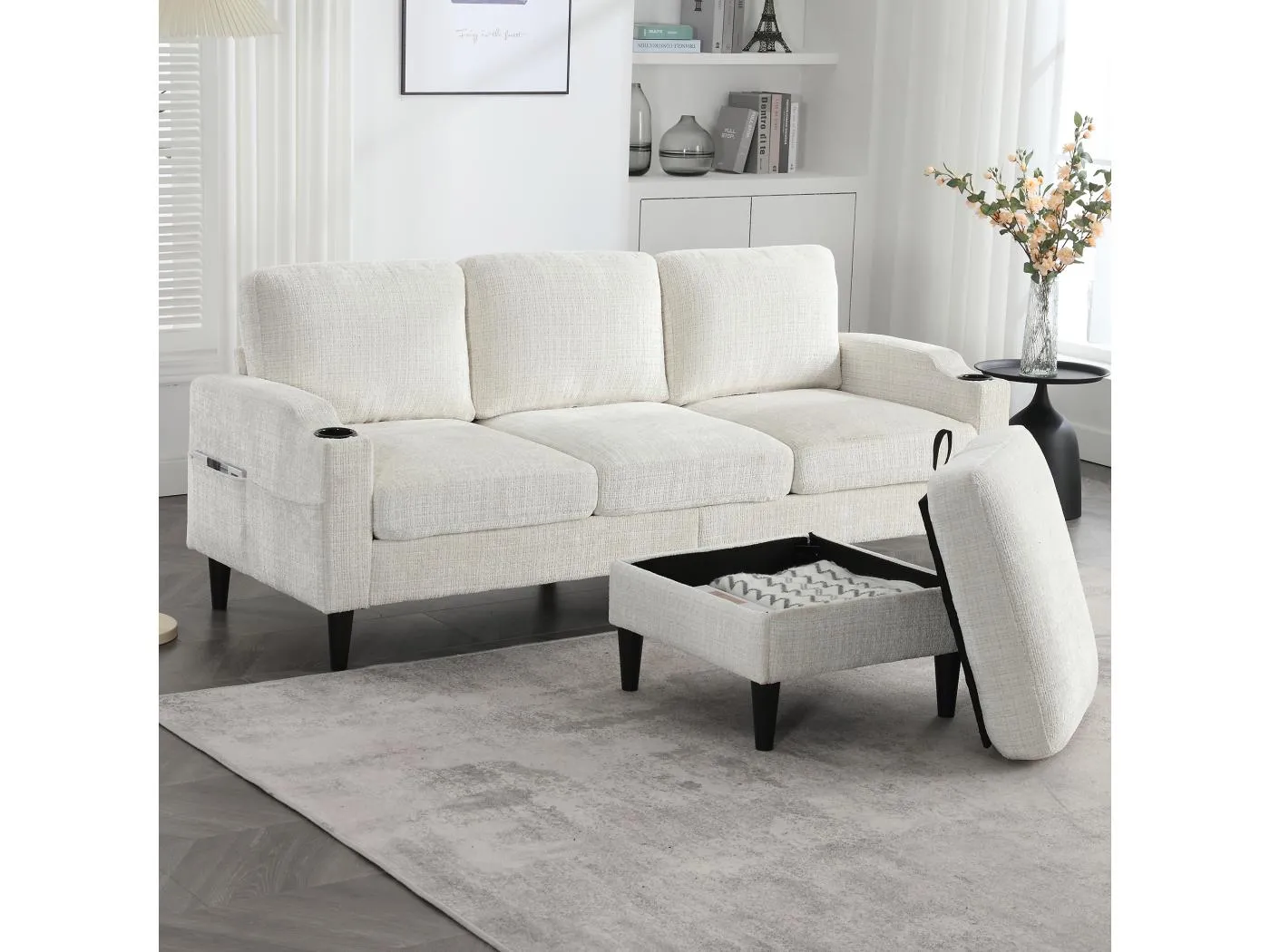 Beiges Ecksofa - Sofa mit Fußhocker und Stauraum - Getränkehalter und Aufbewahrungstasche