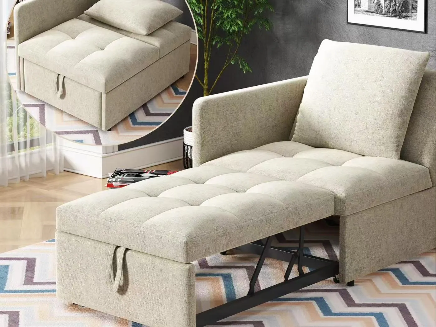 Gepolstertes Schlafsofa 177x68x65 cm - Multifunktionales 3-in-1 Schlafsofa - Leinen - Verstellbare Rückenlehne - Beige