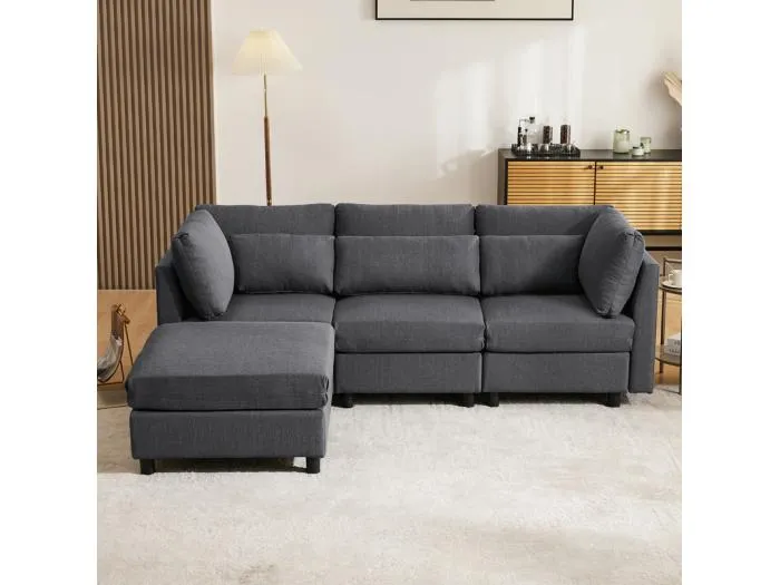 3-Sitzer-Sofa aus Leinenstoff, mit Pouf, 3 Lendenkissen und 2 Kissen, 220x83x81cm, Grau