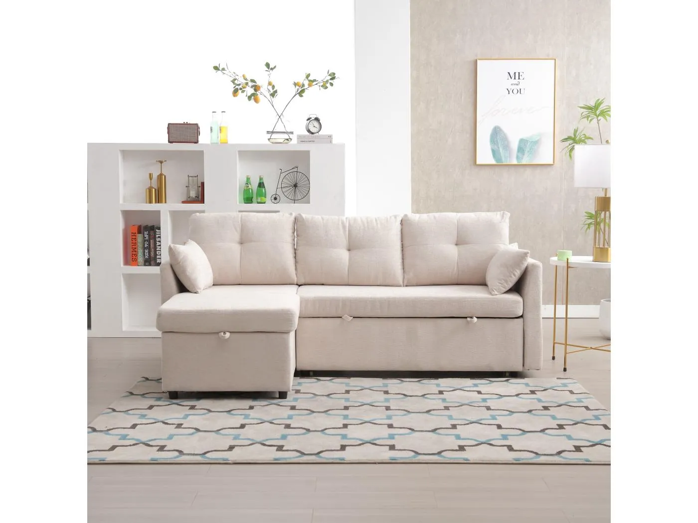 Wandelbares Ecksofa mit Stauraum und ausziehbarer Chaiselongue, beigefarbenes Leinen – für Wohnzimmer oder Studio