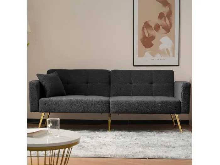 Schlafsofa mit Bettfunktion, verstellbarem Winkel, vergoldeten Füßen, mit Kissen und seitlichen Aufbewahrungstaschen