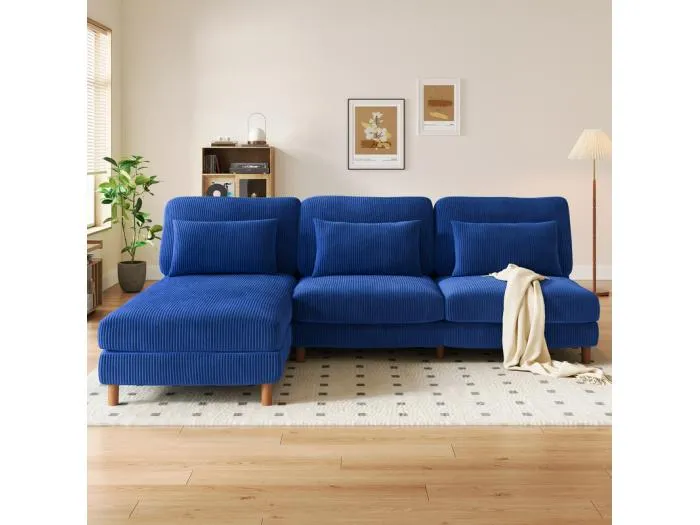 Ecksofa reversibel aus Kordvelours - 2-Sitzer + Méridienne - Blau - 256 x 160 x 88 cm