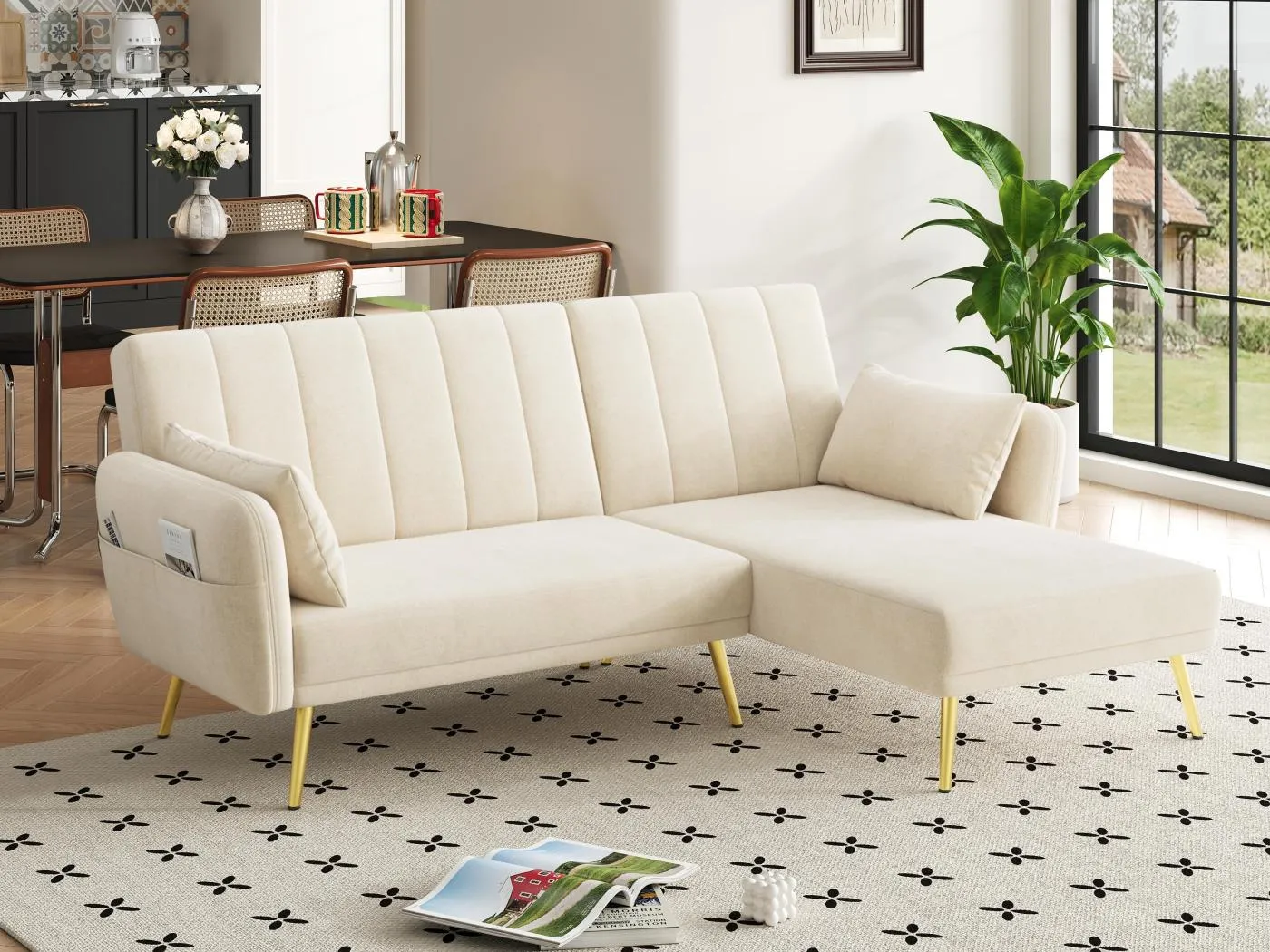 Moderne Klappcouch - L-Form Couch - Schlafsofa mit Zusatzecke - beige
