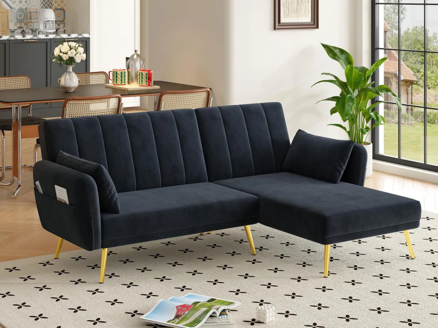 Moderne Klappcouch - L-Form Couch - Schlafsofa mit Zusatzecke - schwarz