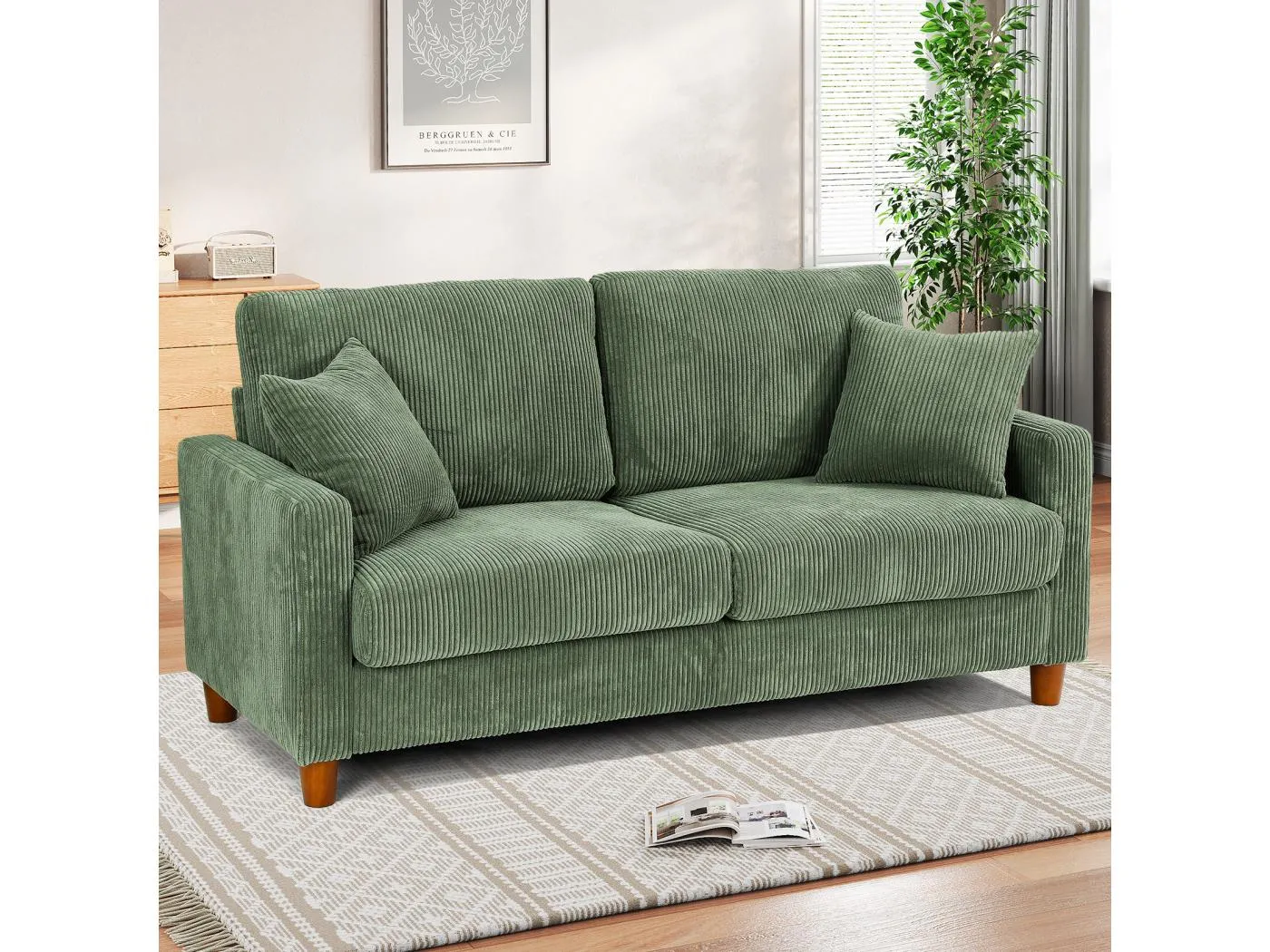 2 -seerer gerippter Samtsofa, großes modernes, gepolstertes rechtes Sofa mit extra tiefen 56 cm -Sitzen - 2 Kissen - 178x76x89 cm - Grün