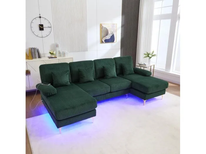 Panorama-Eckcouch aus Velours - 4-Sitzer - mit RGB-LED und USB+Type-C-Anschluss - 265x135x88cm - Grün