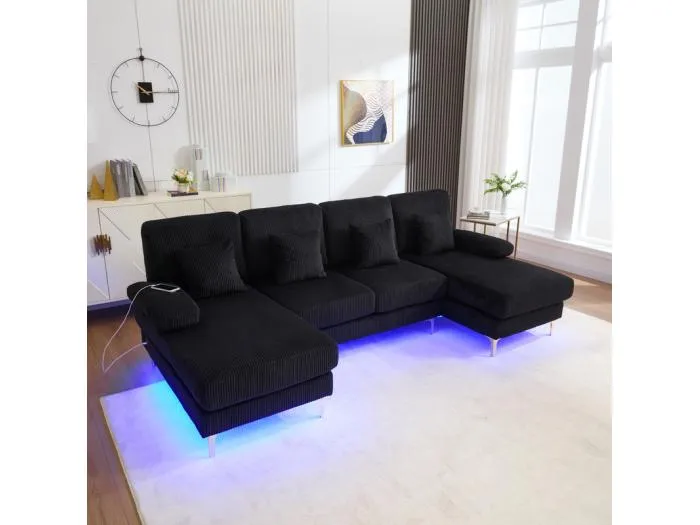 Panorama-Eckcouch aus Velours - 4-Sitzer - mit RGB-LED und USB+Type-C-Anschluss - 265x135x88cm - Schwarz