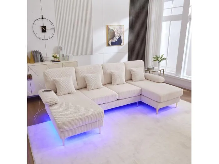 Panorama-Eckcouch aus Velours - 4-Sitzer - mit RGB-LED und USB+Type-C-Anschluss - 265x135x88cm - Beige