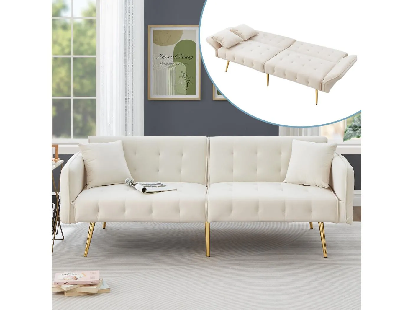 2-Sitzer-Sofa – Gerades Sofa mit 3-Positionen-Rückenlehne und 6-Positionen-Armlehnen – weißer Samt – für das Wohnzimmer