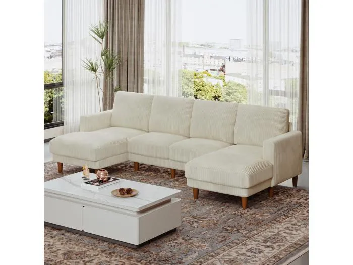 Große Panorama-Eckcouch - 4-Sitzer - Liegefläche 109cm - aus Cord - 269x140x86 - Beige