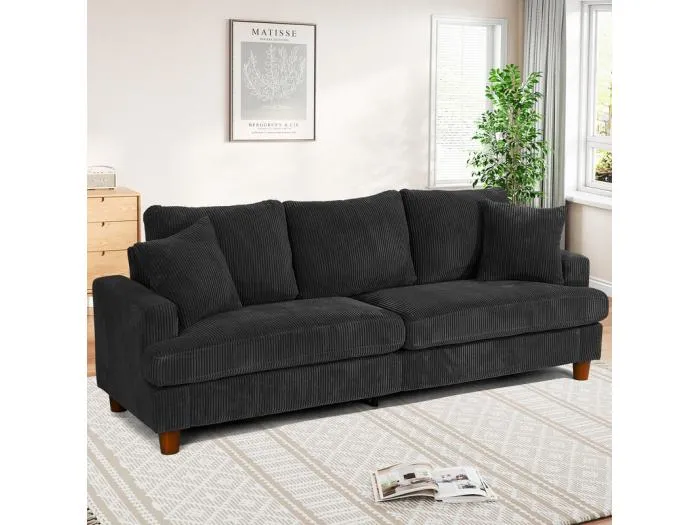 3-Sitzer Sofa aus Cord, mit 2 Kissen, 53cm extratiefe Sitzfläche, 220x76x84cm, Schwarz