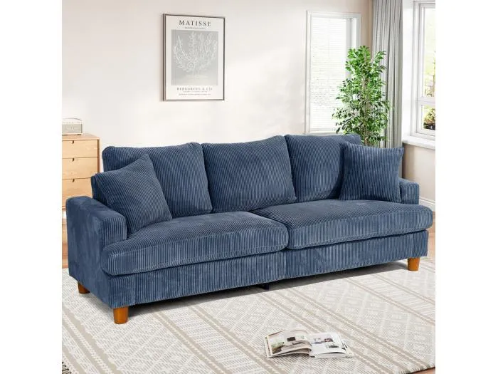 3-Sitzer Sofa aus Cord, mit 2 Kissen, 53cm extratiefe Sitzfläche, 220x76x84cm, Blau