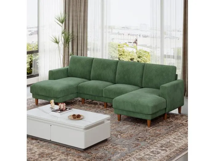 Große Panorama-Eckcouch - 4-Sitzer - Liegefläche 109cm - aus Cord - 269x140x86 - Grün