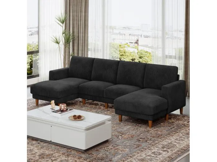 Große Panorama-Eckcouch - 4-Sitzer - Liegefläche 109cm - aus Cord - 269x140x86 - Schwarz