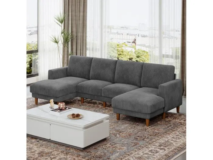 Große Panorama-Eckcouch - 4-Sitzer - Liegefläche 109cm - aus Cord - 269x140x86 - Grau