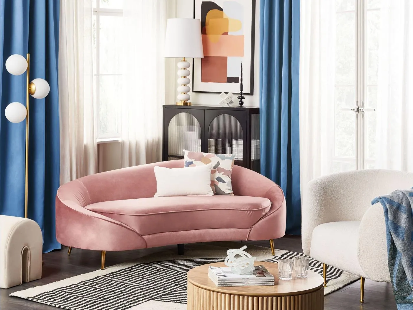 3er Sofa Samt rosa gebogen oval mit goldenen Metallbeinen Retro Glamourös Savar