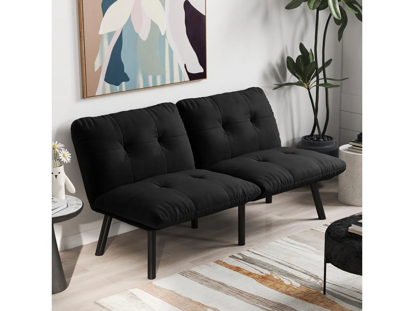 2-Sitzer Schlafsofa aus schwarzem Samt mit verstellbarer Rückenlehne - modernes Design