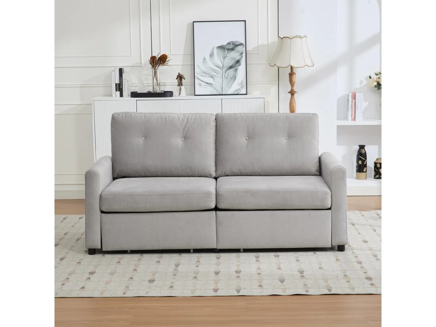 2-Sitzer Sofa aus hellgrauem Stoff mit 2 Aufbewahrungsschubladen - Modernes Design