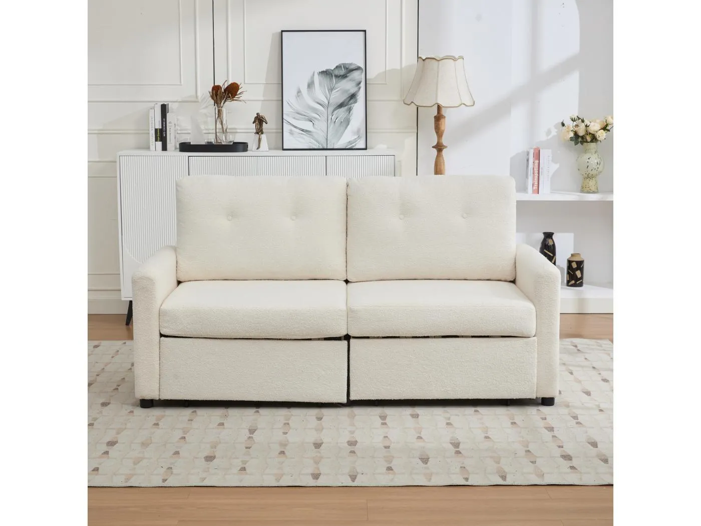 2-Sitzer Sofa aus elfenbeinfarbenem Stoff mit 2 Aufbewahrungsschubladen - Modernes Design