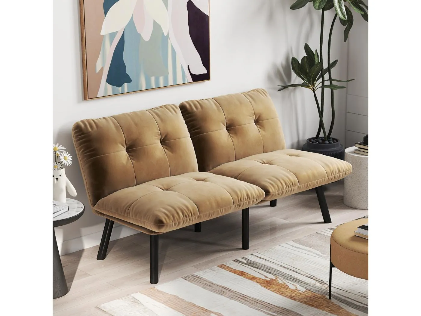 2-Sitzer Schlafsofa aus braunem Samt mit verstellbarer Rückenlehne - modernes Design