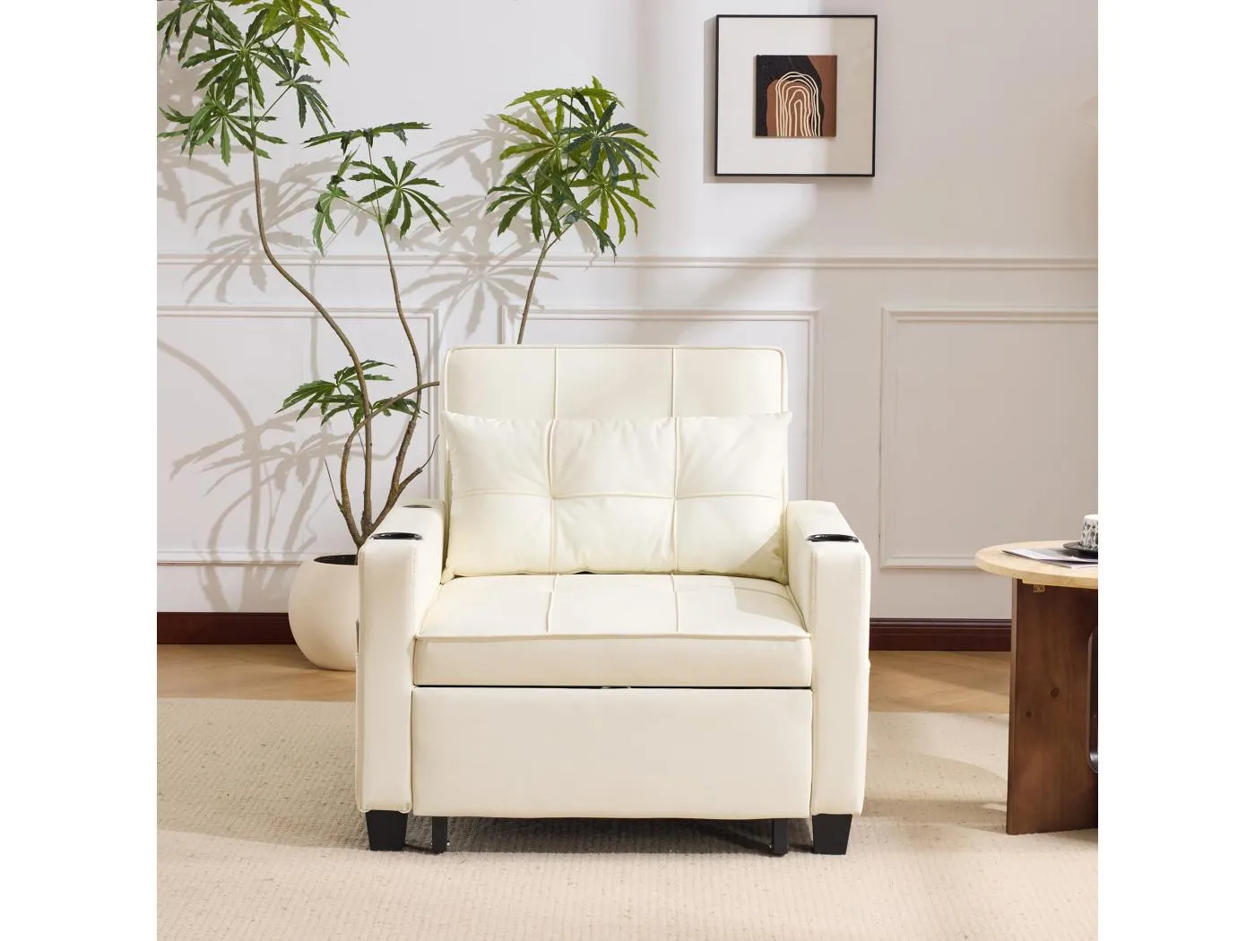 1-Sitzer Sofa aus weißem Kunstleder mit USB-Anschluss und Becherhalter - Umwandelbar in Bett oder Chaiselongue