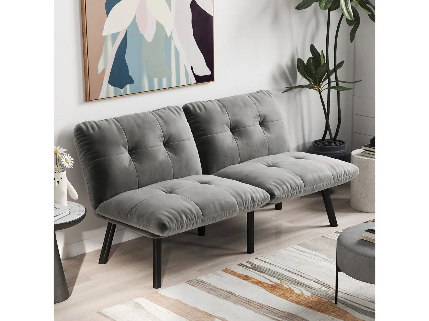 2-Sitzer Schlafsofa aus grauem Samt mit verstellbarer Rückenlehne - modernes Design