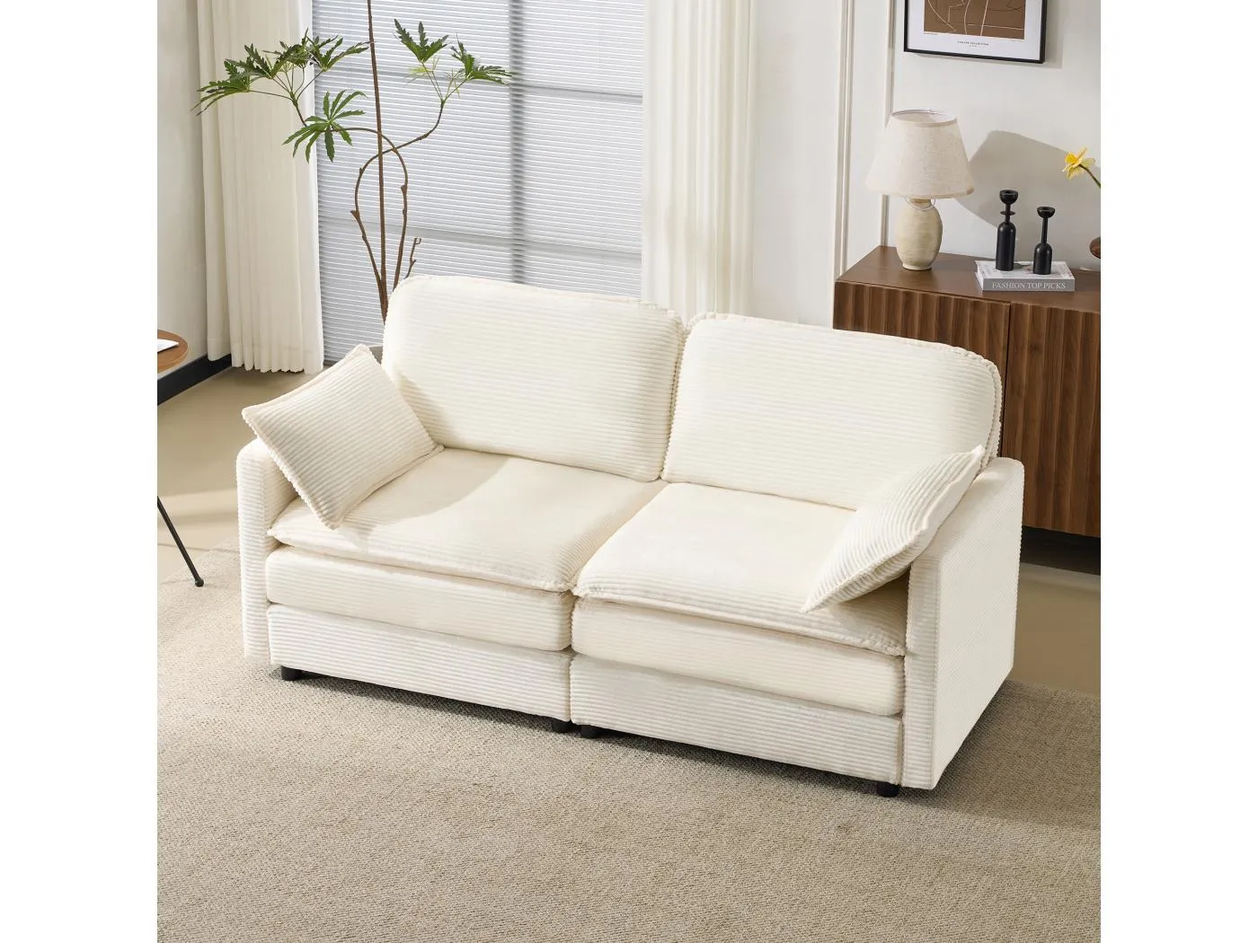 2-Sitzer Sofa aus weißem Cord mit gepolsterter Rückenlehne - Modernes Design