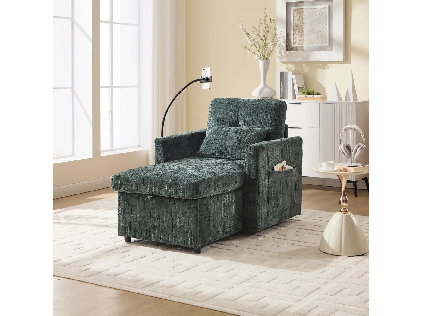 1-Sitzer-Sofa mit 2 Seitentaschen – Wohnzimmersofa mit Telefonhalter und verstecktem Stauraum – Grünes Chenille