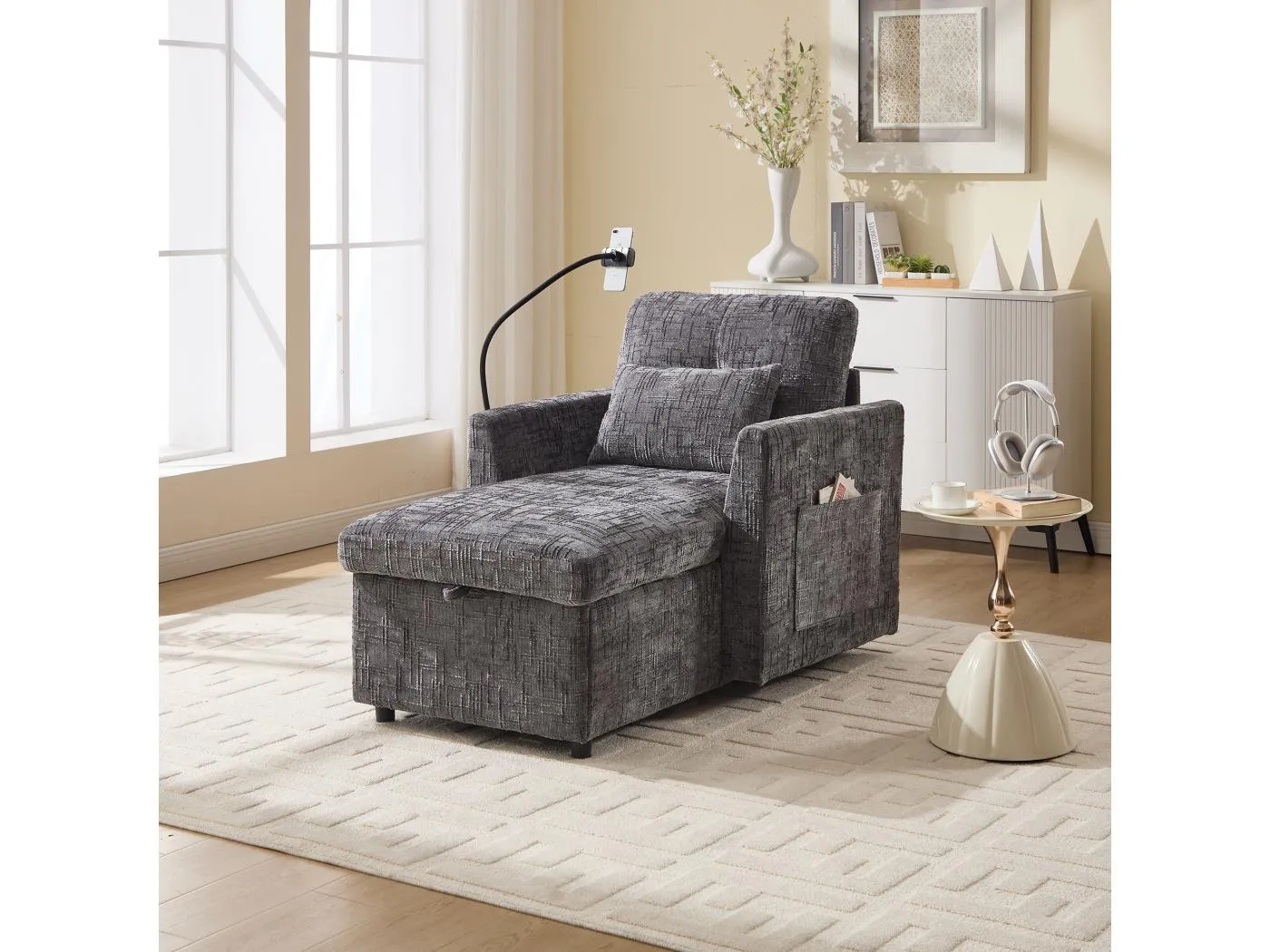 1-Sitzer-Sofa mit 2 Seitentaschen – Wohnzimmersofa mit Telefonhalter und verstecktem Stauraum – Graues Chenille