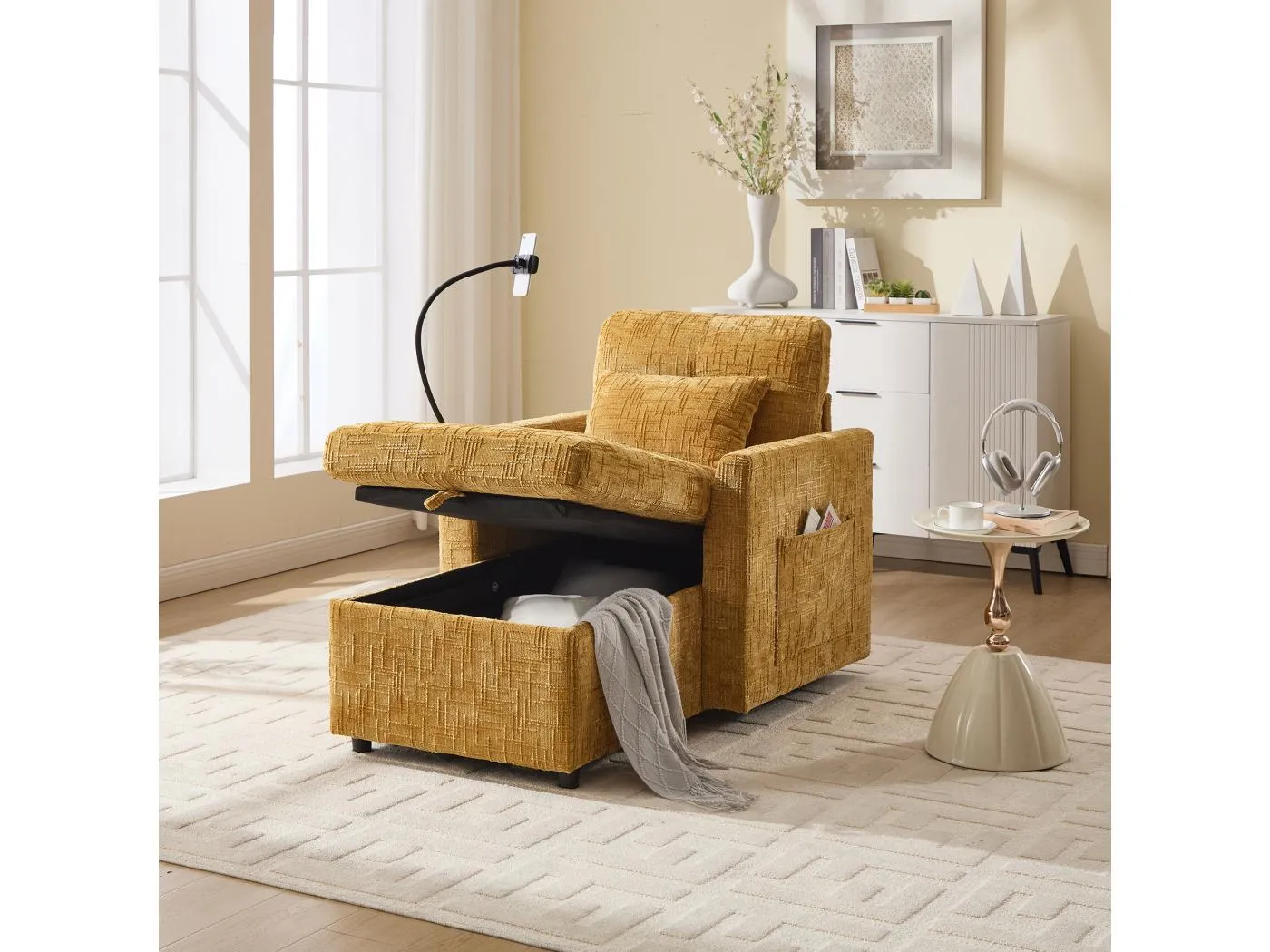 1-Sitzer-Sofa mit 2 Seitentaschen – Wohnzimmersofa mit Telefonhalter und verstecktem Stauraum – Gelbes Chenille