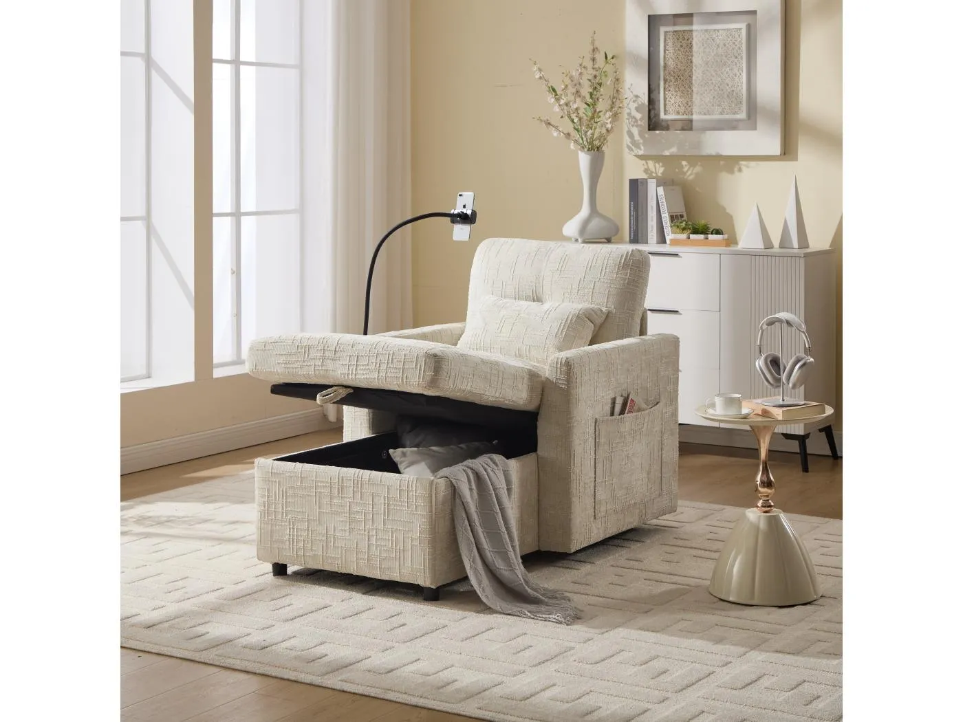 1-Sitzer-Sofa mit 2 Seitentaschen – Wohnzimmersofa mit Telefonhalter und verstecktem Stauraum – beigefarbenes chenille