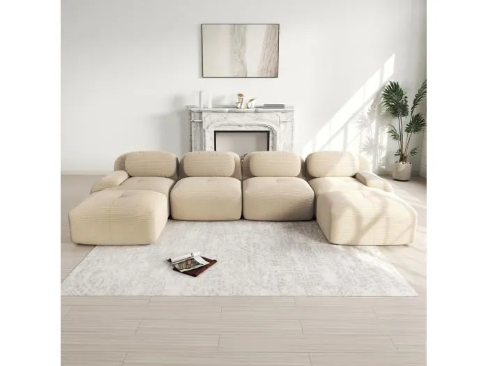 Große modulare Ecksofa 388cm - aus Rippensamt - mit 4 Kissen und 2 Hocker - ergonomisch - Beige