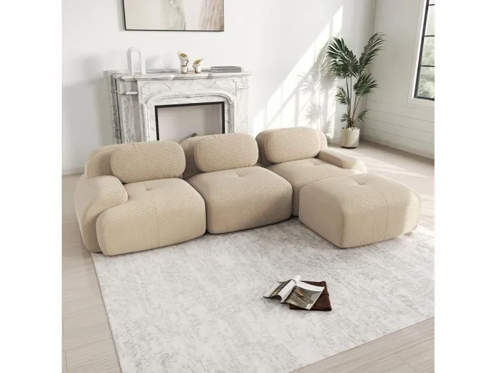 Modulares Ecksofa 3-Sitzer - aus Rippensamt - mit 3 Kissen und Hocker - 298x178x75cm - Beige