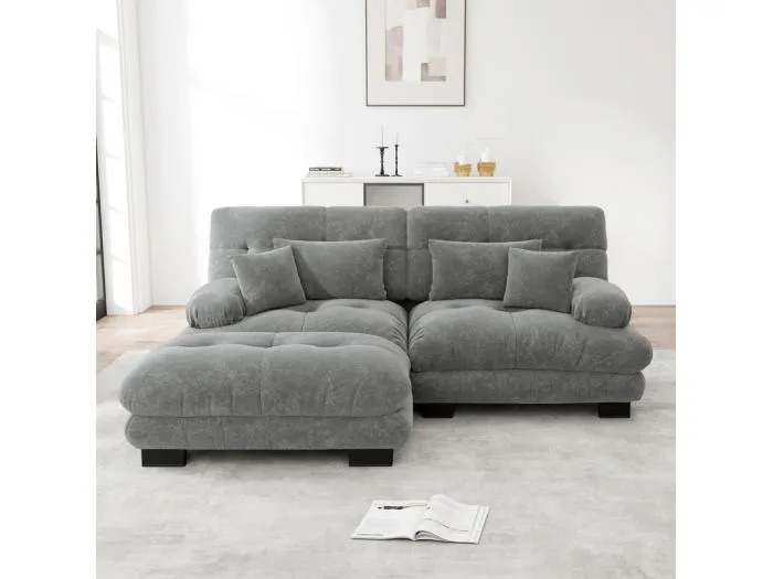 Ecksofa 2-Sitzer aus Chenille-Stoff, mit 4 Kissen, abnehmbarer Hocker, DIY-Kombination, 220x145x81cm, Grau