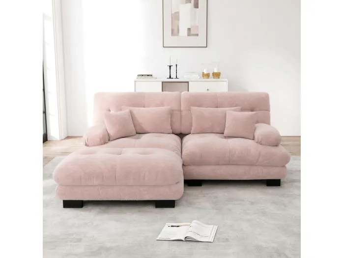Ecksofa 2-Sitzer aus Chenille-Stoff, mit 4 Kissen, abnehmbarer Hocker, DIY-Kombination, 220x145x81cm, Rosa